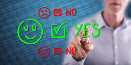 Man touching an evaluation concept on a touch screen with his fingerの写真素材