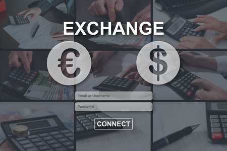 Exchange concept illustrated by pictures on backgroundの写真素材