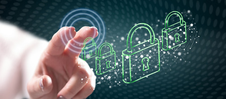 Woman touching a network security concept on a touch screen with her finger