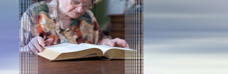 Old woman reading a book at home. panoramic banner