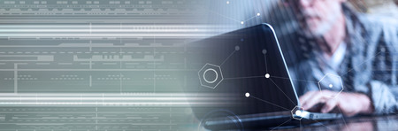 Senior businessman working at office, overlayed with network. panoramic banner
