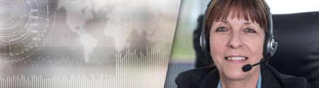 Support phone female operator in headset. panoramic banner
