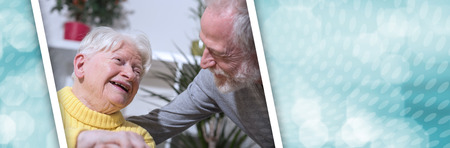 Portrait of happy grandmother with her son in visit. panoramic bannerの写真素材