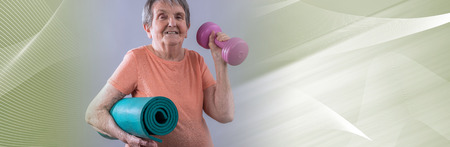 Happy old woman going for fitness. panoramic bannerの写真素材
