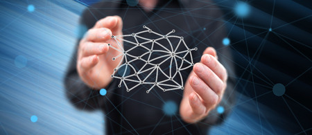Virtual network concept between hands of a man in backgroundの写真素材
