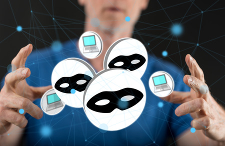 Cyber attack concept between hands of a man in background
