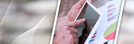 Finger touching tablet computer. panoramic banner