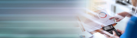 Business people discussing about financial results in office, light effect. panoramic bannerの写真素材