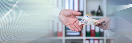Hands exchanging cash. panoramic banner
