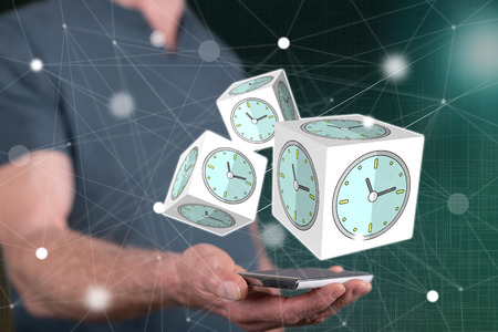 Time management concept above a smartphone held by a man in background