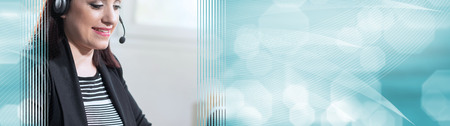 Portrait of smiling female phone operator with headset. panoramic banner