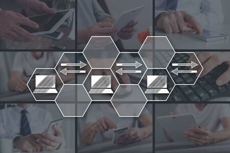 Data transfer concept illustrated by pictures on background