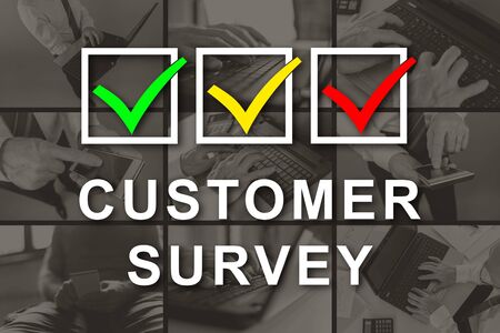 Customer survey concept illustrated by pictures on backgroundの写真素材
