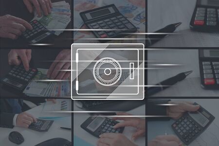 Saving protection concept illustrated by pictures on backgroundの写真素材