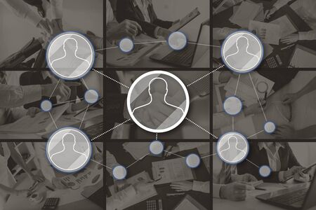 Social network concept illustrated by pictures on backgroundの写真素材