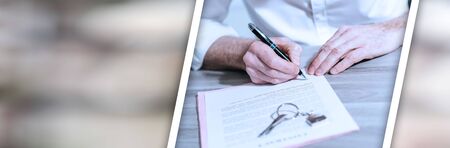 Signature of a real estate contract (lorem ipsum text used). panoramic banner