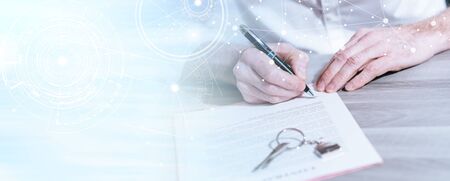 Signature of a real estate contract (lorem ipsum text used); multiple exposure