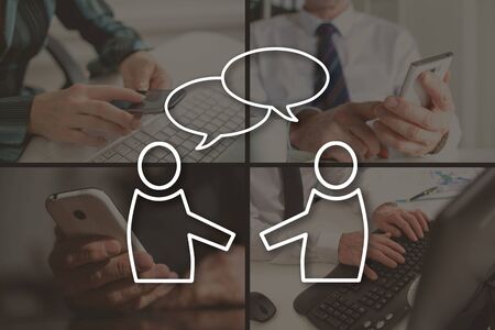 Chat concept illustrated by pictures on backgroundの写真素材