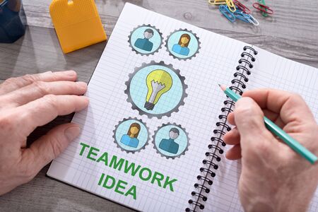 Teamwork idea concept drawn on a notepad placed on a deskの写真素材