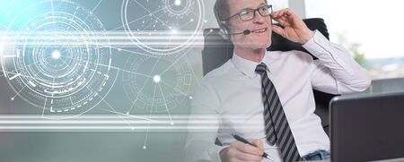 Support phone male operator in headset; multiple exposure