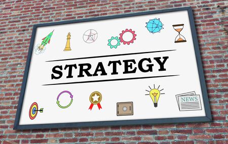 Strategy concept drawn on a billboard fixed on a brick wallの写真素材