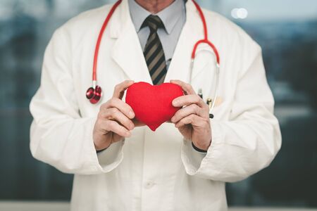 Doctor showing red heart; cardiology concept