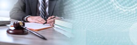 Lawyer working on legal document; panoramic banner