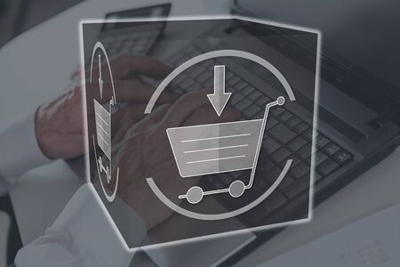 Online shopping concept illustrated by a picture on backgroundの写真素材