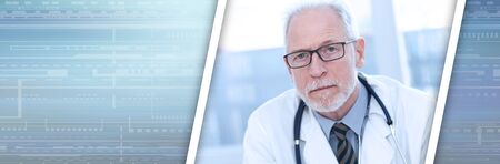 Portrait of male senior doctor looking the camera; panoramic banner