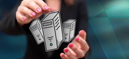 Desktop computer concept between hands of a woman in background