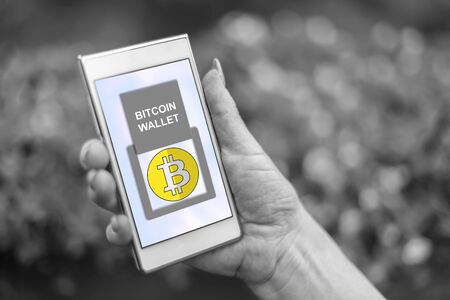 Female hand holding a smartphone with bitcoin wallet conceptの写真素材