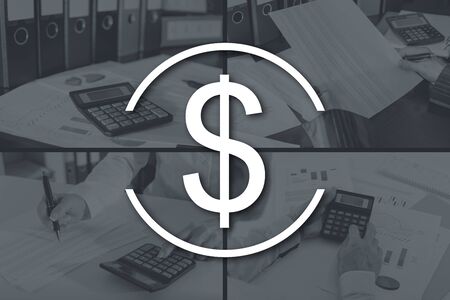 Banking concept illustrated by pictures on backgroundの写真素材