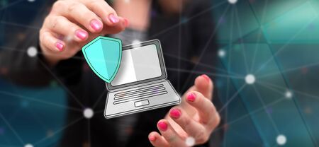 Data protection concept between hands of a woman in backgroundの写真素材