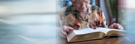 Old woman reading a book at home; panoramic banner
