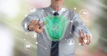 Man touching a data security concept on a touch screen with his fingers