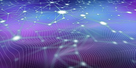 Abstract wavy grid with network on blue and purple background