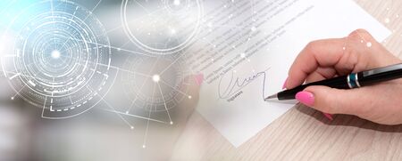 Woman signing a legal document; multiple exposure