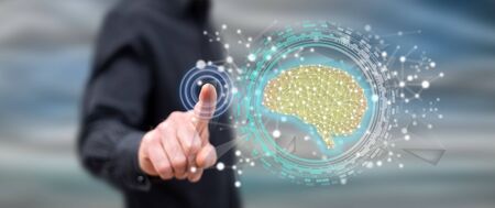 Man touching an artificial intelligence concept on a touch screen with his finger