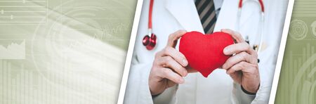 Doctor showing red heart; cardiology concept; panoramic banner