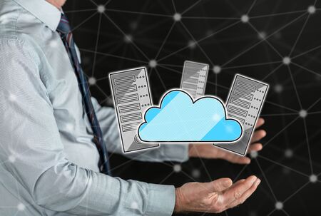 Data center concept above the hands of a man