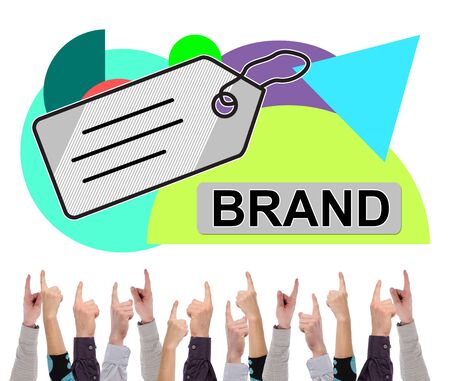 Brand concept on white background pointed by several fingersの写真素材