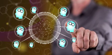 Man touching an artificial intelligence concept on a touch screen with his finger
