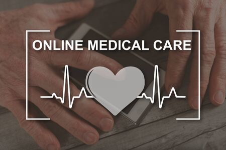 Online medical care concept illustrated by a picture on backgroundの写真素材