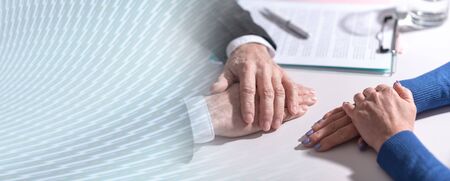 Situation of business negotiation between businesswoman and businessman; multiple exposureの写真素材