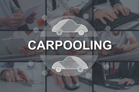 Carpooling concept illustrated by pictures on backgroundの写真素材