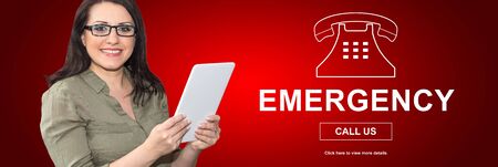 Woman using digital tablet with emergency concept on background