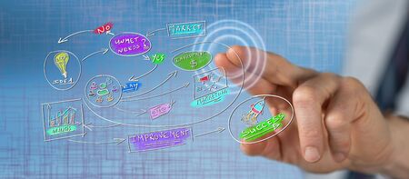 Man touching a business strategy concept on a touch screen with his finger