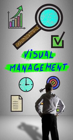 Businessman watching a visual management concept drawn on a wallの写真素材