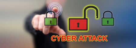 Man touching a cyber attack concept on a touch screen with his finger