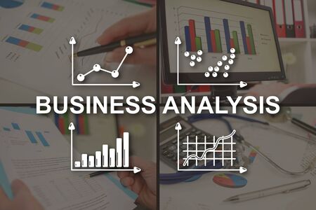 Business analysis concept illustrated by pictures on backgroundの写真素材